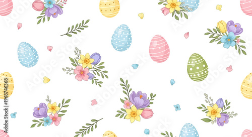 Delicate spring floral Easter pattern set featuring pastel eggs and flower arrangements is displayed as a seamless repeat in a vector illustration, perfect for wrapping paper and textile