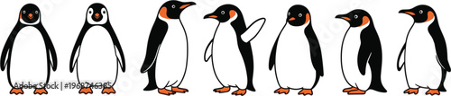 Penguin Character Set with Multiple Poses and Expressions Cute Antarctic Bird Collection Cartoon Style Vector Isolated on White Background