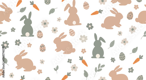 Delicate spring floral Easter pattern showcases a delightful seamless design with pastel bunnies, decorated eggs, and small flowers scattered across a white background for festive wrapping