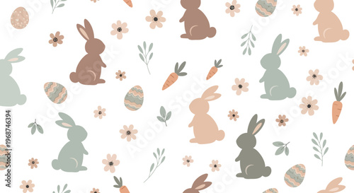 Delicate seamless spring pattern featuring pastel rabbits, Easter eggs, carrots, and flowers is designed as a vector illustration on a clean white background, ideal for gift wrapping