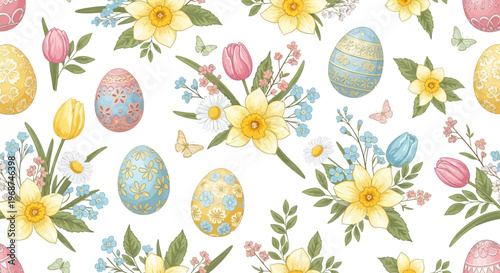 Festive spring Easter seamless pattern displaying colorful eggs and floral elements, including roses and daffodils, creating a cheerful decorative design suitable for wrapping paper