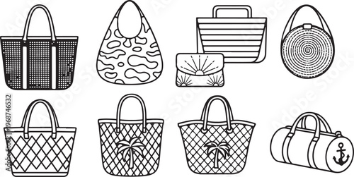 Various handbags and accessories in simple line art style illustrations Vector