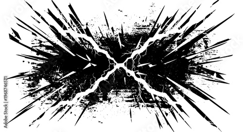 Explosion grunge effect with black burst lines and lightning cracks on white background featuring texture, abstract, dynamic with energy and power