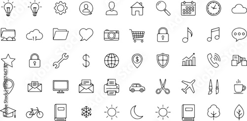 Collection of various line icons.