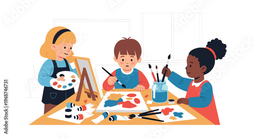 Flat style vector illustration of children painting with brushes and colors in art class, expressing creativity and imagination in school learning environment
