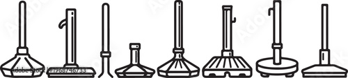 Seven different types of tripods shown in a clean line drawing format Vector