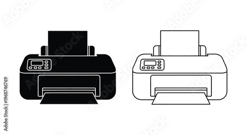 A contrasting depiction of a modern printer shown in both black fill and white outline silhouette high quality professional detailed elegant