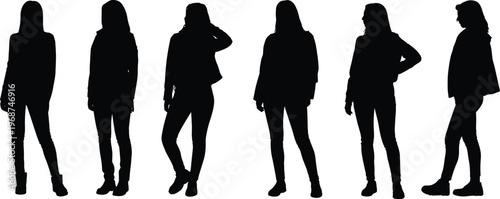 Six diverse black female silhouettes in fashionable winter clothing standing in different poses against a white background showcasing outerwear styles