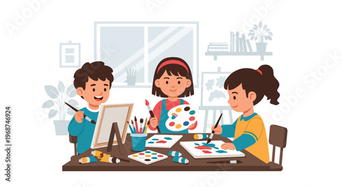 Flat style vector illustration of children painting with brushes and colors in art class, expressing creativity and imagination in school learning environment