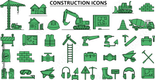 Construction icons on white background.