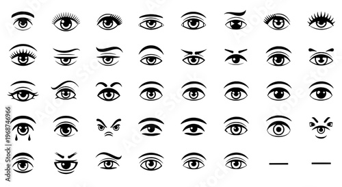 Eyes black and white icons set with different expressions and eyebrow styles, including angry, sad, and surprised looks