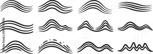 Various styles of continuous wave patterns in black and white Vector