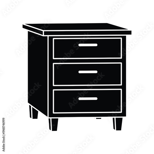 Minimalist black silhouette of a three-drawer nightstand or bedside table, ideal for bedroom furniture organization, home interior design, and office storage solutions.