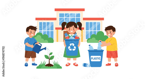 Flat style vector illustration of children learning recycling and environmental care in classroom, sustainability education and eco-friendly awareness concept
