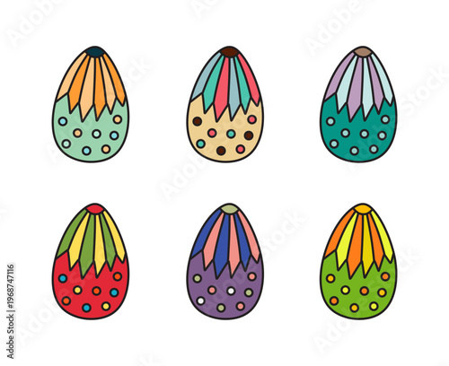 A collection of six colorful decorated Easter eggs with various patterns including polka dots and stripes isolated on a white background