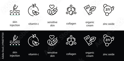 "Skincare and Cosmetic Icons Set – Vector Symbols for Skin Injection, Vitamin C, Sensitive Skin, Collagen, Organic Cream, Zinc Oxide – Beauty, Dermatology, and Skincare Product Labels in Black and Whi