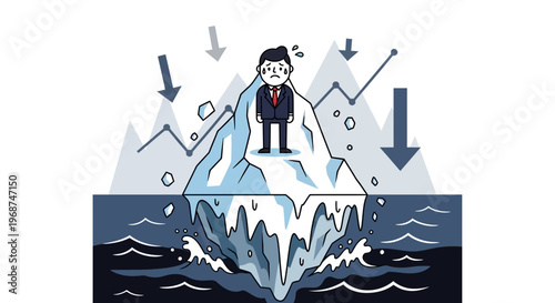 Sad Businessman Stranded On A Crumbling Iceberg With Falling Market Graphs