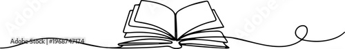 open book continuous one line drawing, Continuous one line drawing of an open book with fanned pages, symbolizing education, knowledge, literature, and intellectual exploration, One continuous line