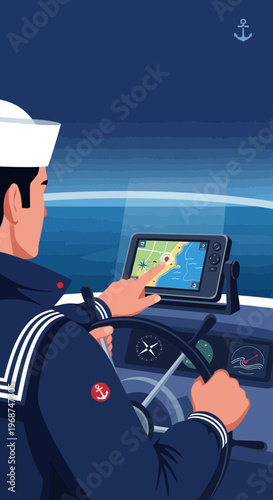 Sailor Navigates Modern Vessel With Advanced GPS Technology