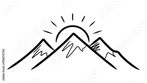 Minimalist black line vector icon illustration of mountain peaks with a rising sun. Hand-drawn outline design on a white background, ideal for outdoor adventure, hiking, travel, and nature logos.