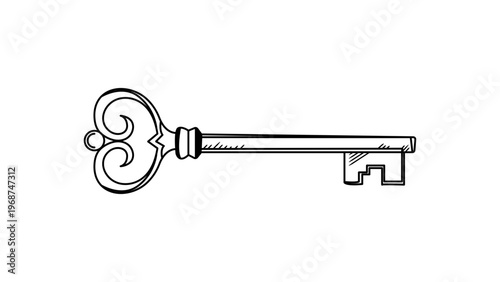 Ornate vintage skeleton key vector icon illustration. Hand-drawn minimalist black line art on white background. Antique metal key with decorative heart-shaped handle for lock and security style.