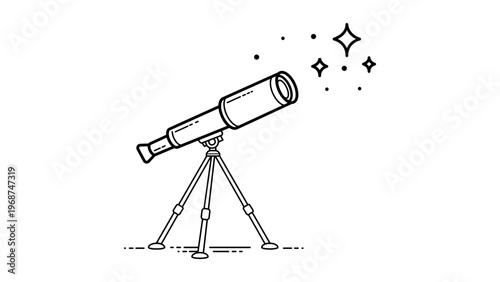 Minimalist black line vector icon of a telescope on a tripod pointing at stars, hand-drawn outline illustration for astronomy, science, and space exploration, scalable SVG graphic on white.
