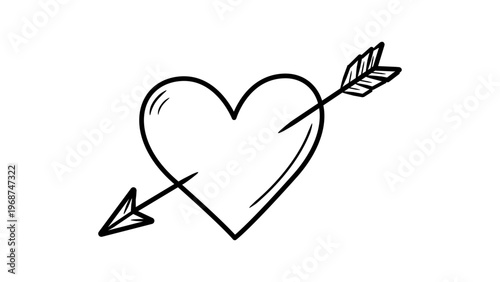 Hand-drawn heart with arrow through it, minimalist black line vector icon on white background, cupid's arrow illustration, romantic symbol for Valentine's Day or love, clean scalable SVG graphic