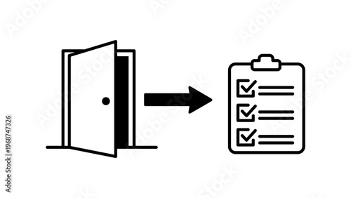 Offboarding process vector icon illustration featuring an open door with an arrow pointing to a completed checklist on a clipboard, minimalist black line art on a white background for business.