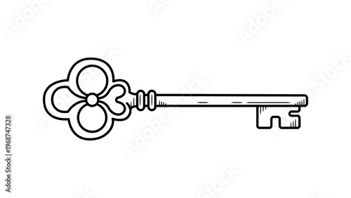 Vintage skeleton key vector icon illustration with an ornate bow and classic bit, hand-drawn minimalist black line art on a white background, perfect for antique, security, or mystery themes.