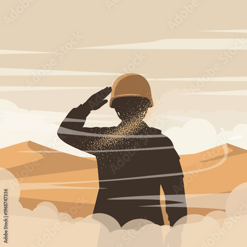 Saluting Soldier Silhouette in Dusty Desert Landscape Pays Respect