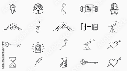 20 Hand-Drawn Minimalist Vector Icon Set Bundle, Black Line Outline Illustrations including Cryptocurrency, Nature, Business, Science, Music, Love, and Technology Symbols for Graphic Design.