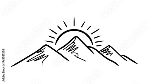 Minimalist black line vector icon of mountain peaks with a rising sun behind them. Hand-drawn sketch illustration on a white background, perfect for travel, adventure, and nature branding.