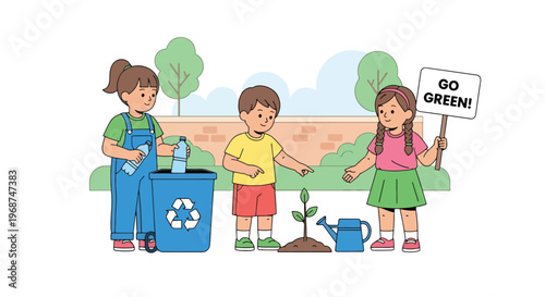 Flat style vector illustration of children learning recycling and environmental care in classroom, sustainability education and eco-friendly awareness concept