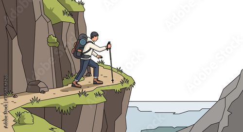 Scenic Mountain Trail Adventure Person Trekking Above Vast Ocean Expanse