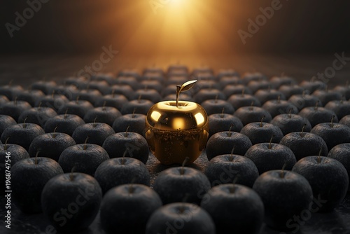AI Generative Concept of a Golden Apple Among Dark Blueberries at Sunset