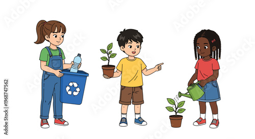 Flat style vector illustration of children learning recycling and environmental care in classroom, sustainability education and eco-friendly awareness concept
