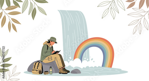 Serene Explorer Finds Inspiration Beside Cascading Waters and Vibrant Rainbow