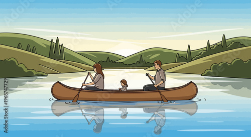 Serene Family Canoeing Adventure On Calm Water Reflecting Green Hills
