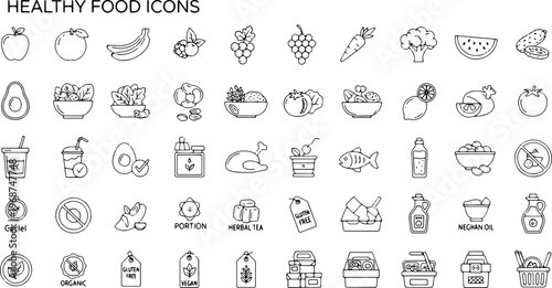 Healthy food icons on white.