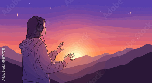 Serene Figure Encounters Vibrant Sunset With Headphones