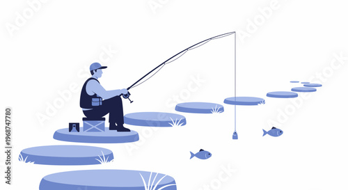 Serene Fisherman Patiently Casts Line Amidst Circular Platforms