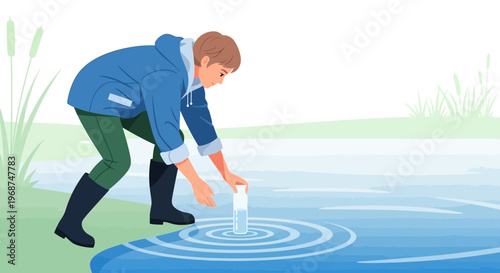 Scientist Collecting Water Sample From Lake Environment For Analysis