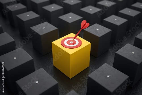 AI Generative Conceptual Image of a Golden Cube with Target and Heart Arrow among Dark Blocks