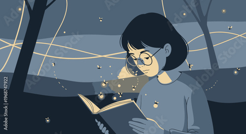 Serene Girl Reading A Book Surrounded By Enchanting Fireflies At Dusk