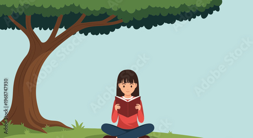 Serene Girl Reading Book Underneath A Lush Green Tree On A Calm Day