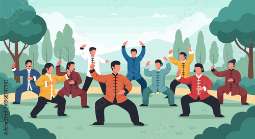 Serene Group Practicing Tai Chi In A Lush Park Setting