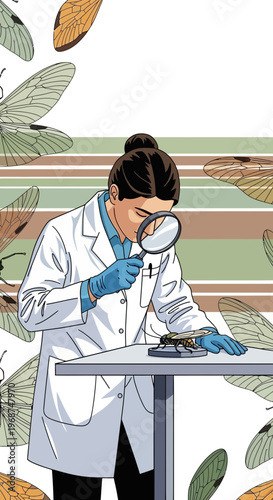 Scientist Examining Insect With Magnifying Glass In Laboratory Study