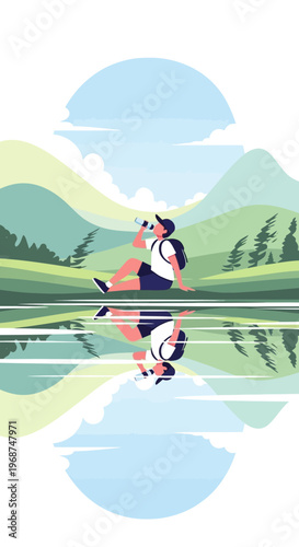 Serene Hiker Quenches Thirst Amidst Reflective Mountain Landscape