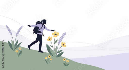 Serene Hiker Exploring Wildflowers On A Gentle Hillside