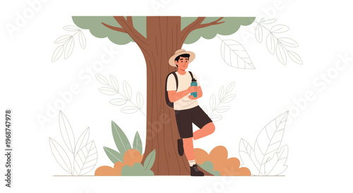 Serene Hiker Pauses By Ancient Tree Amidst Verdant Foliage